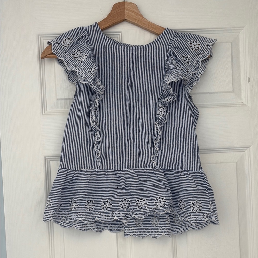 H&M Blue and White Blouse with Ruffled Sleeves